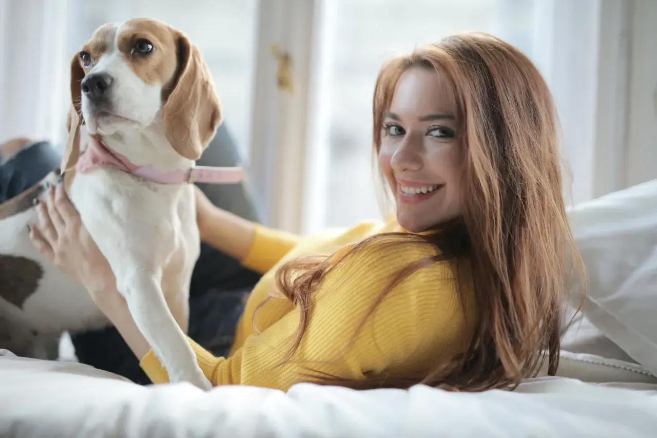 Una mujer sonríe mientras abraza a un beagle. Es como soñar con perros grandes y amigos leales.