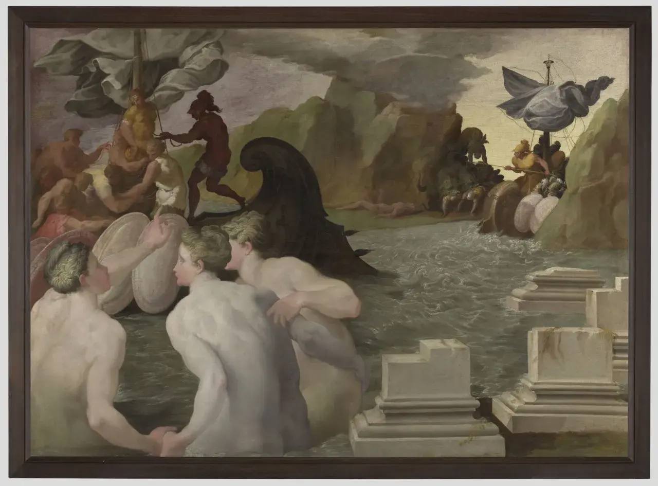 Ulysse navigue entre Charybde et Scylla. Des figures nues luttent dans les eaux agitées, tandis qu'un navire est pris dans un tourbillon menaçant.