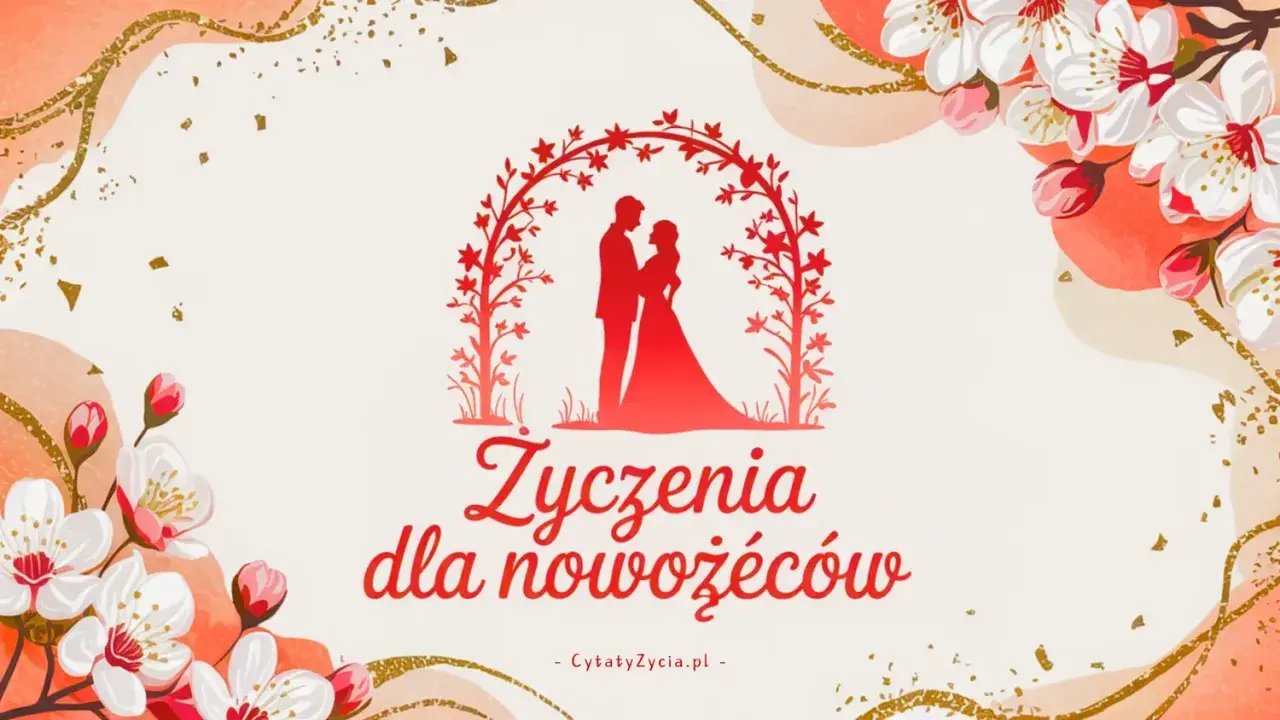 Eleganckie życzenia dla nowożeńców z parą pod łukiem i kwitnącymi gałązkami. Znajdź fajne cytaty na podziękowanie.