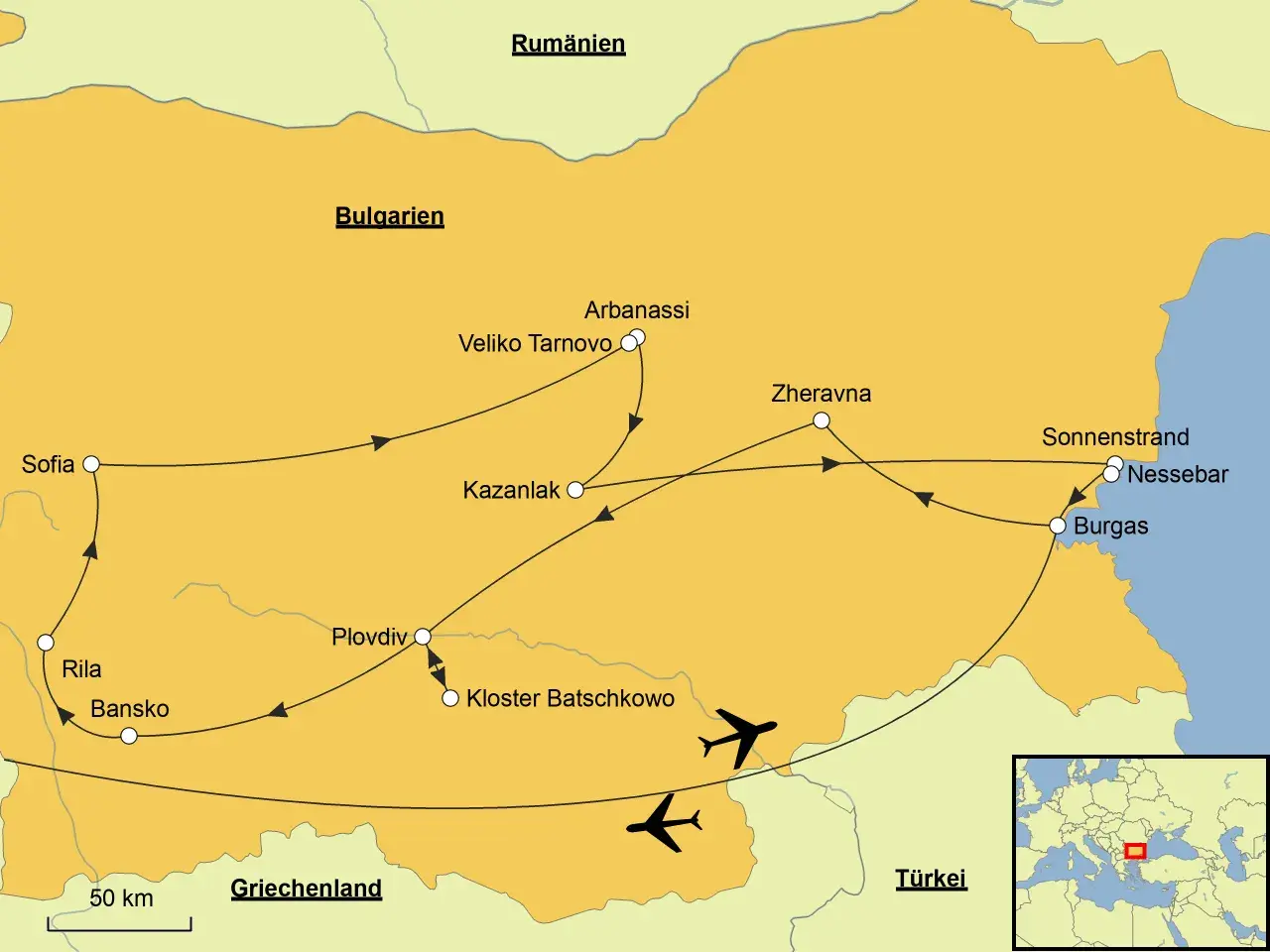 Karte mit einer **Bulgarien Route**, die Sofia, Veliko Tarnovo, Kazanlak, Plovdiv, Nessebar und Burgas verbindet. Flugzeuge deuten auf An- und Abreise hin.