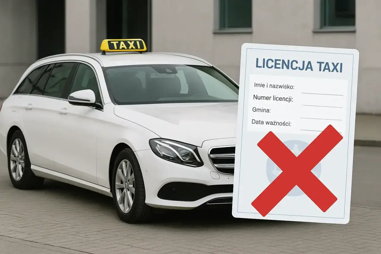 Biały samochód taxi z żółtym kogutem. Obok dokument z napisem "LICENCJA TAXI" i przekreślonym czerwonym krzyżem.
