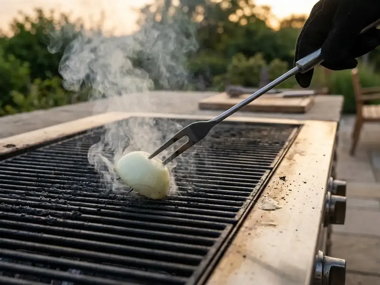 Une main gantée utilise une fourchette pour retourner un oignon sur un grill chaud, une astuce pour comment nettoyer un grill viande.
