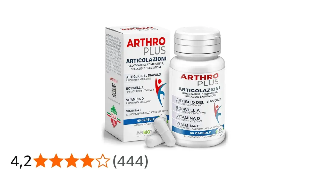 Arthro Plus: integratore per articolazioni con glucosamina, condroitina, collagene, glutazione e boswellia. Scopri i benefici per la funzionalità articolare e muscolare.