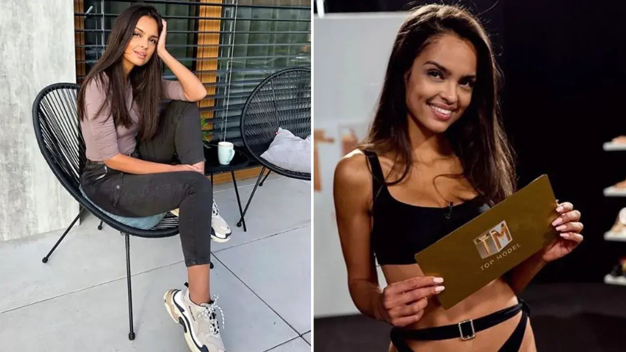 Klaudia El Dursi, uczestniczka Top Model, w luźnej stylizacji i z kartą Top Model.