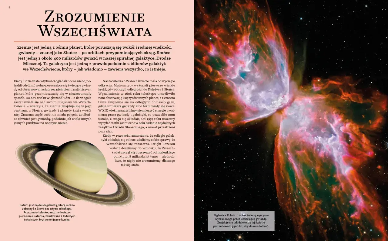 Kolorowa mgławica kosmiczna i pierścienie Saturna na tle gwiazd.