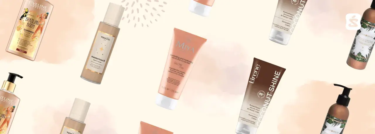 Kolekcja balsamów rozświetlających z drobinkami: Eveline Brazilian Body, Resibo Mastertouch, MIYA Glow Me, Lirene Coconut Shine i Lash Brow.