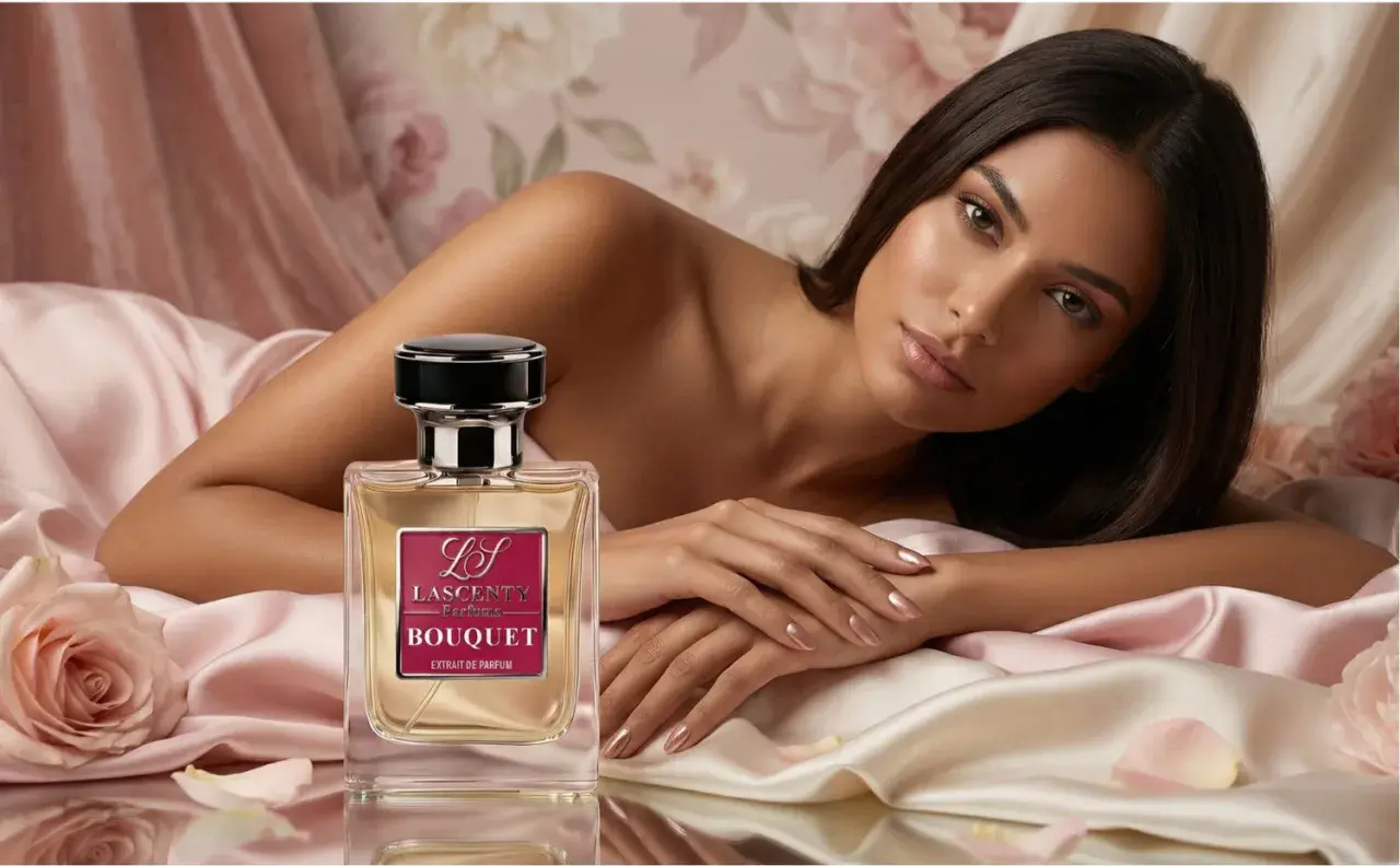 Kobieta otulona jedwabiem obok flakonu perfum Bouquet, niczym YSL Supreme Bouquet, emanuje zmysłowością.