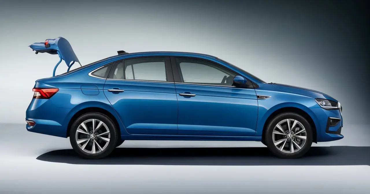 Niebieska Skoda Slavia z otwartym bagażnikiem, prezentująca elegancką sylwetkę i nowoczesny design.