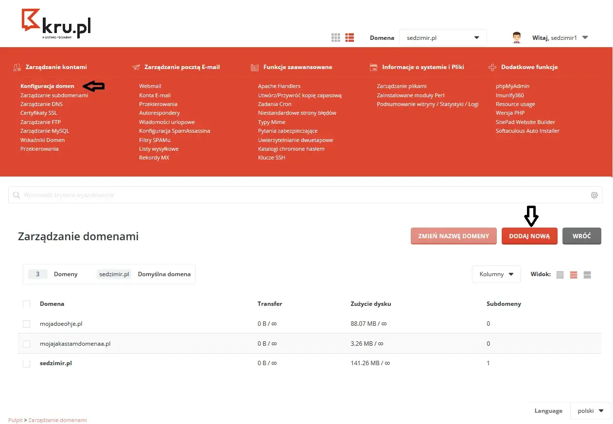 Panel administracyjny kru.pl, sekcja Zarządzanie domenami. Widoczny przycisk "DODAJ NOWĄ" do wyszukiwania domen.