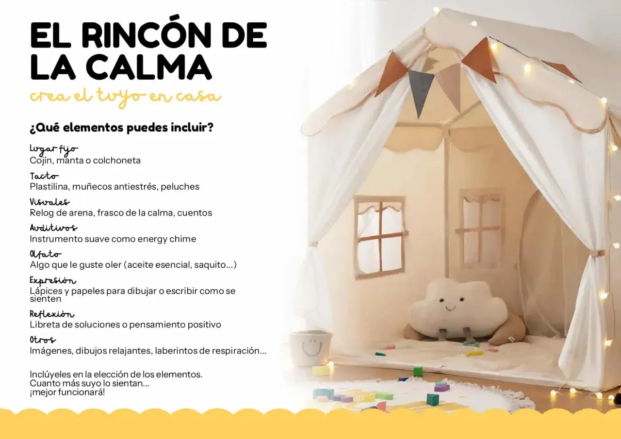 Tienda infantil decorada con luces y guirnaldas, creando un rincón de la calma con cojines, juguetes y elementos sensoriales.