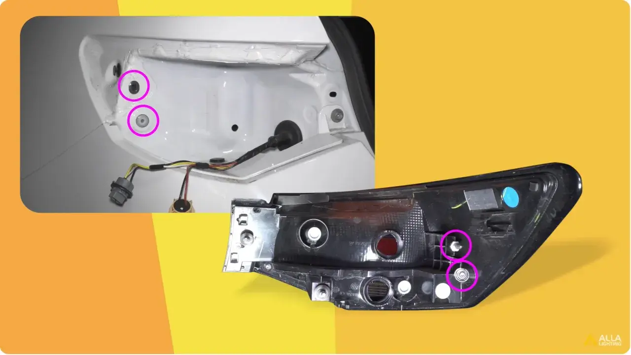 Nissan Note wymiana żarówki tył. Pokazano demontaż lampy tylnej, zaznaczone śruby mocujące.