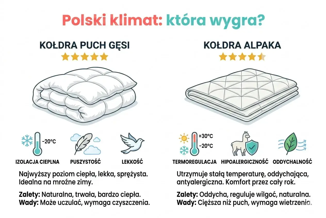 Porównanie kołdry z puchu gęsiego i alpaki. Dowiedz się, jaką kołdrę wybrać na polski klimat, by zapewnić sobie komfort.