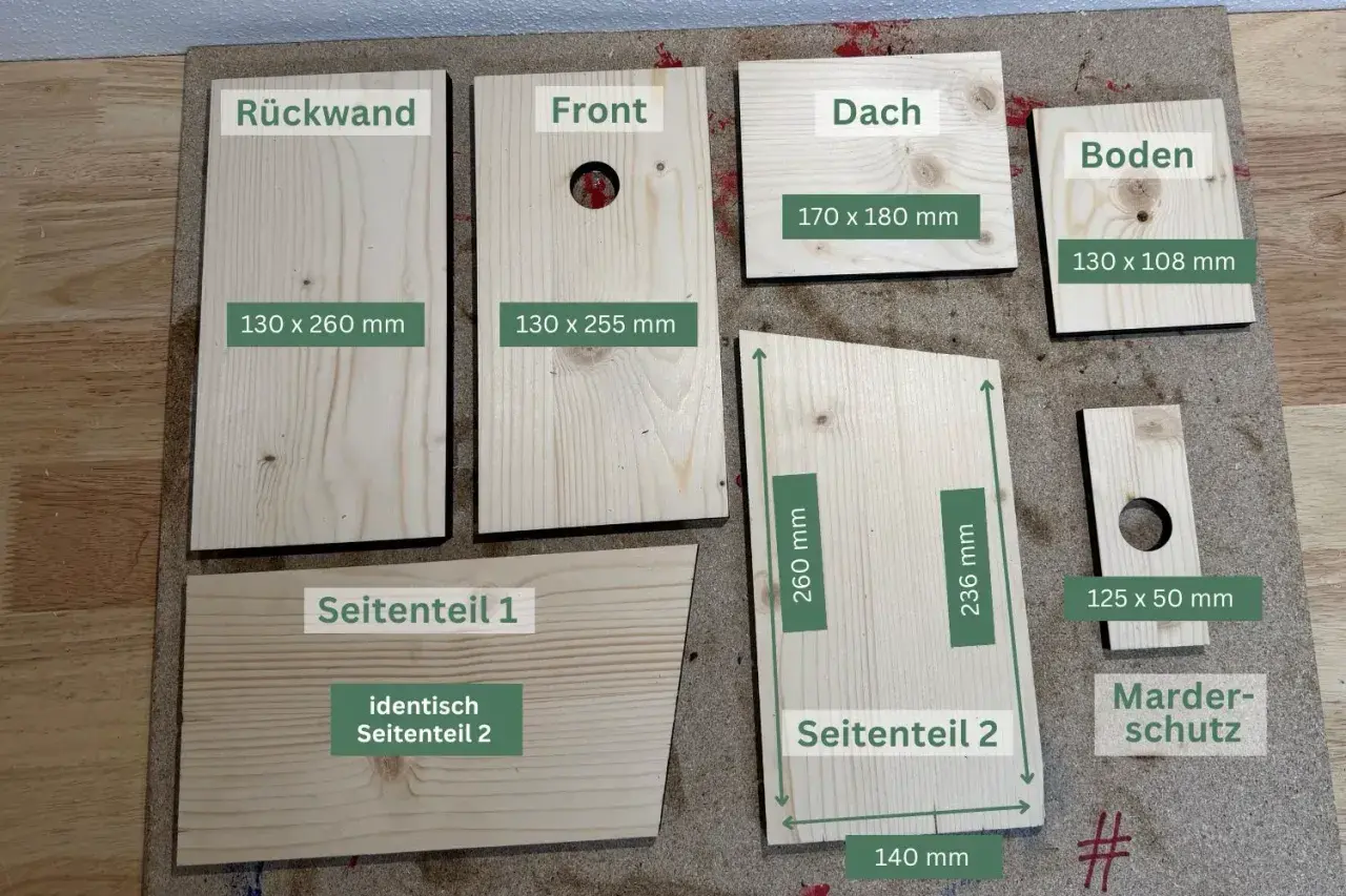 Holzteile für die ausrichtung nistkasten: Rückwand, Front mit Loch, Dach, Boden, zwei Seitenteile und Marder-schutz. Maße sind angegeben.