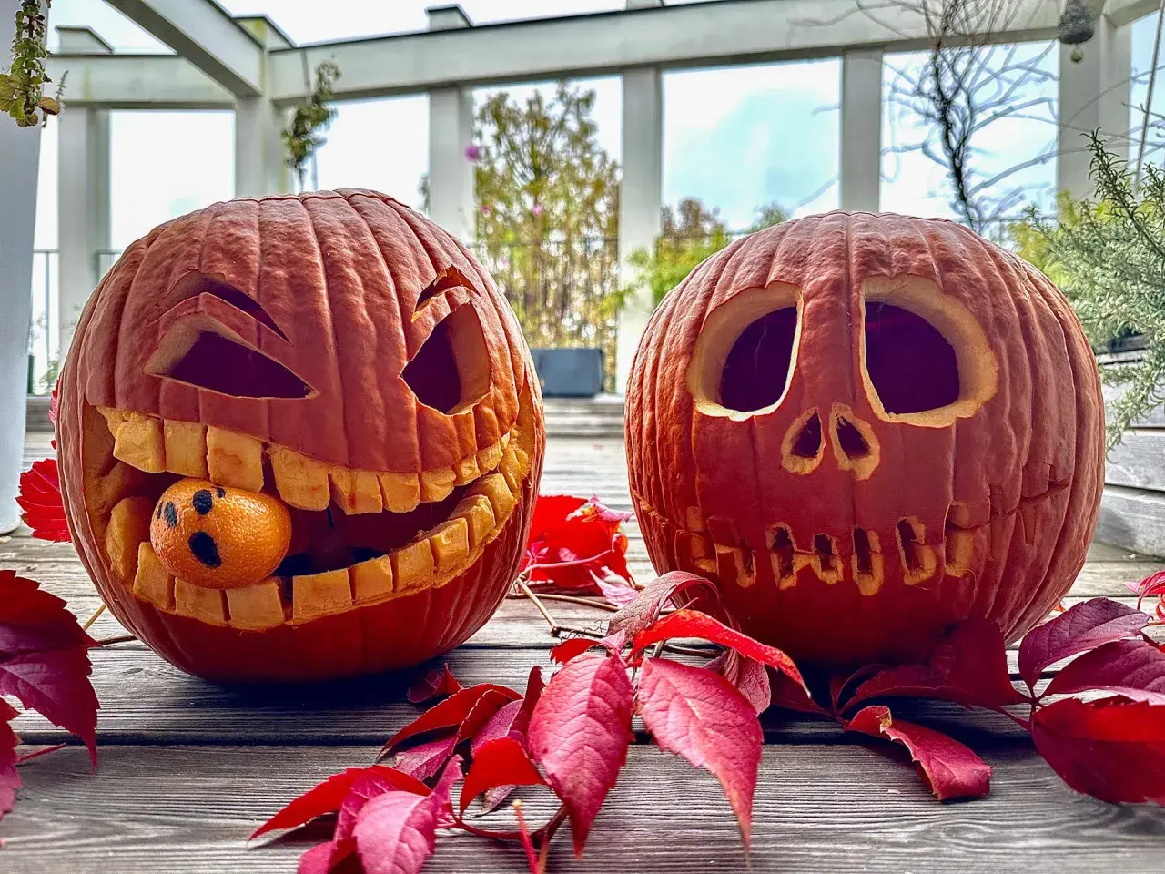 Due zucche intagliate per Halloween, una con una bocca spalancata e un piccolo fantasma mandarino, circondate da foglie rosse. Idee zucche intagliate per un tocco spettrale.