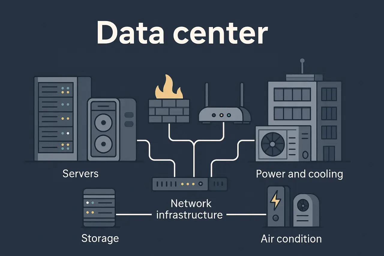 Schéma expliquant ce qu'est un data center : serveurs, stockage, infrastructure réseau, alimentation, refroidissement et climatisation.
