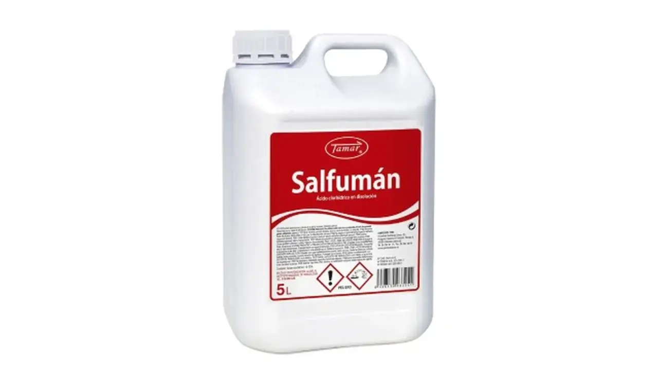 Bidón blanco de 5L de Salfuman, ácido clorhídrico en solución, para limpieza.