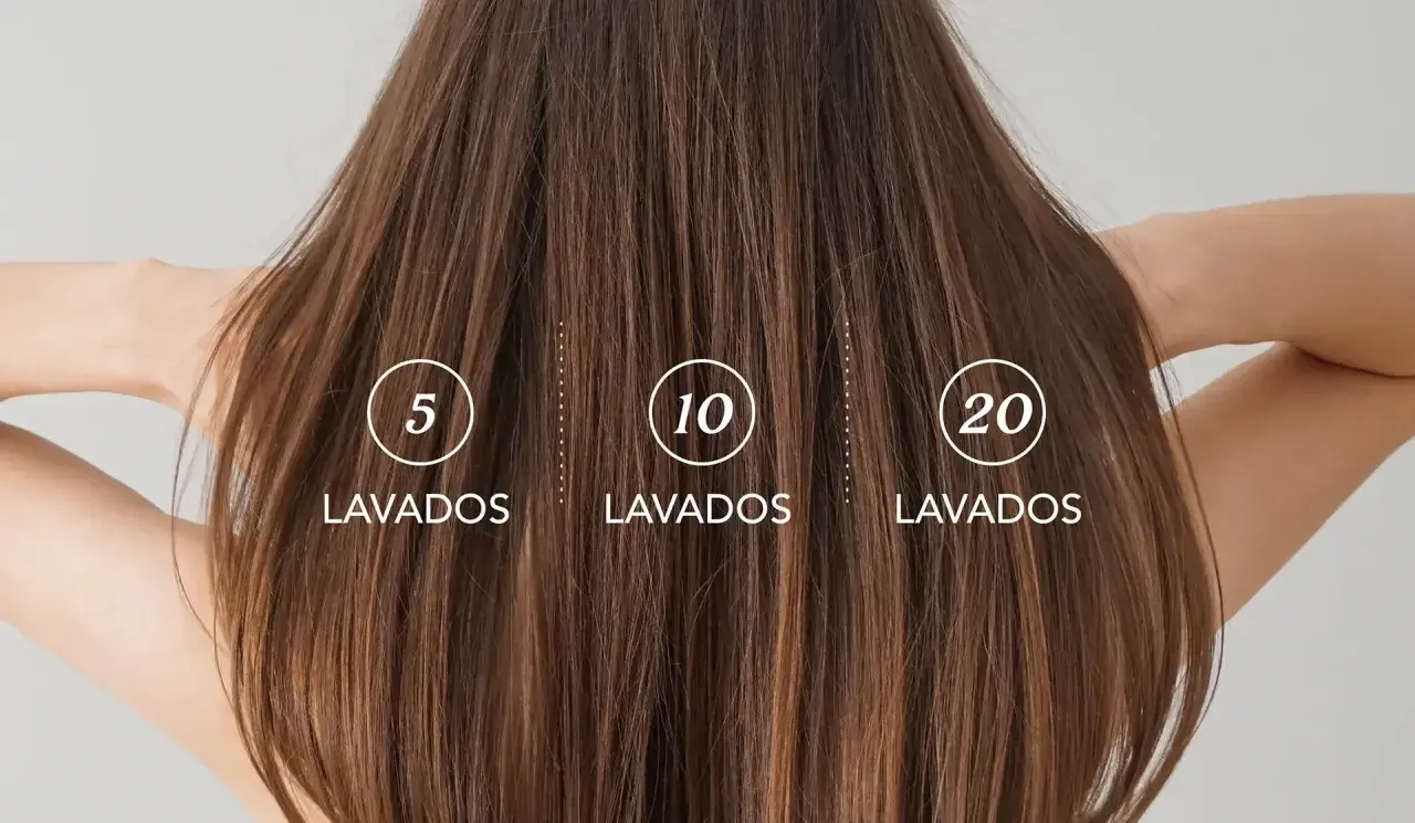 Cabello castaño con números indicando lavados: 5, 10, 20. Muestra cómo hacer que el pelo escupe el tinte gradualmente.