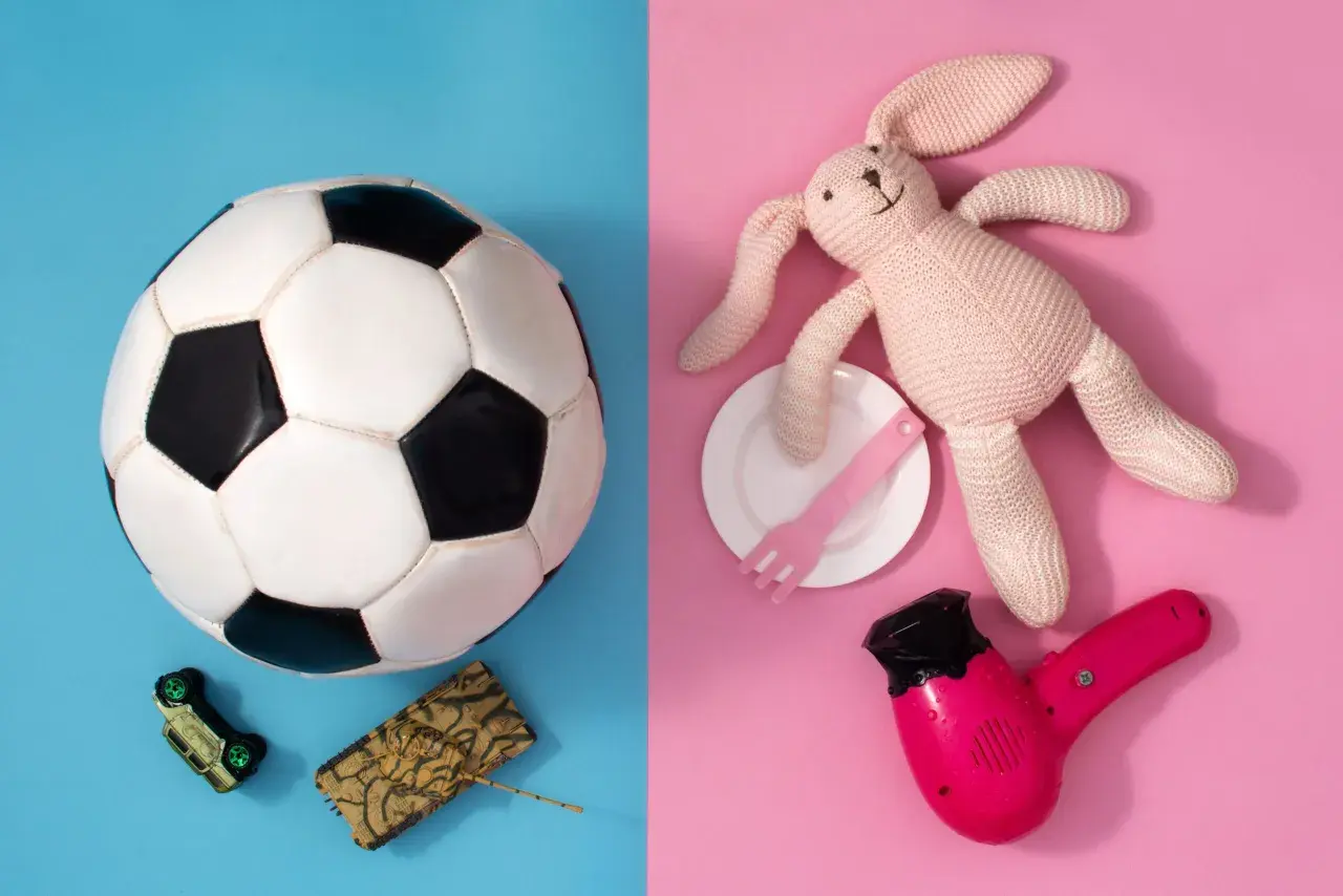 Pallone, macchinina e carro armato da un lato; coniglietto, piatto, forchetta e asciugacapelli dall'altro. Stereotipi di genere nei giocattoli.