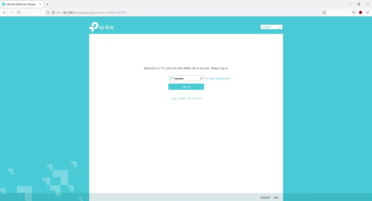 Strona logowania do routera TP-Link C6U MU-MIMO Wi-Fi. Wpisz hasło, aby się zalogować.