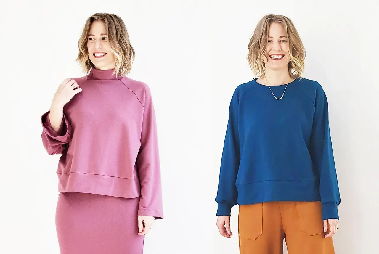 Two women model stylish sweatshirts, showcasing how to sew a sweatshirt with different necklines and colors.
