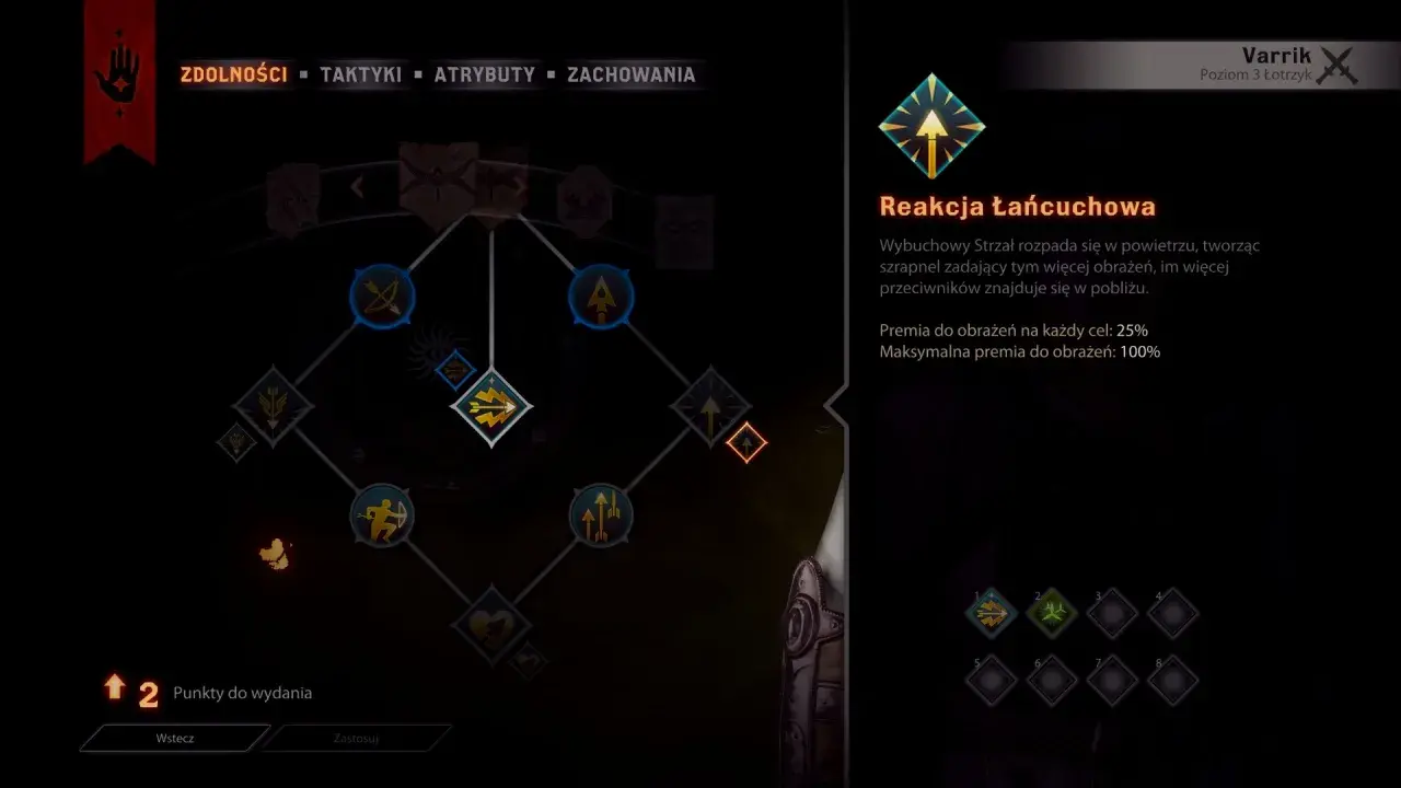 Drzewko umiejętności Varrika w Dragon Age Inkwizycja. "Reakcja Łańcuchowa" zadaje więcej obrażeń, im więcej wrogów w pobliżu.