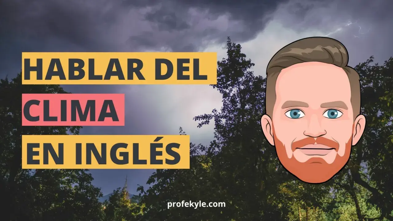 Aprende vocabulario del tiempo en inglés. El cielo está nublado con relámpagos, árboles y un personaje animado.