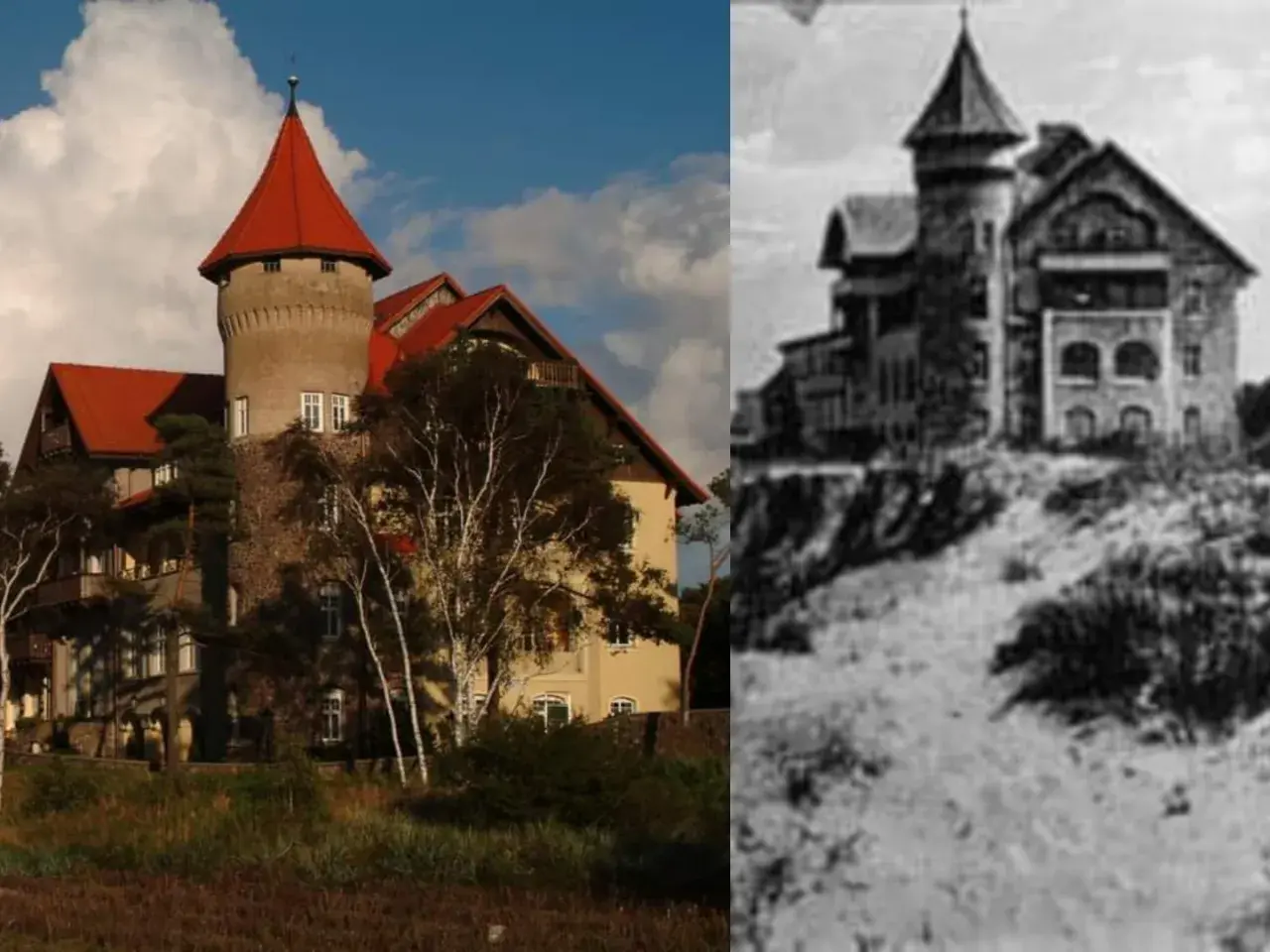 Zamek w Łebie, dawniej willa, dziś hotel. Obok historyczne zdjęcie tej samej budowli.