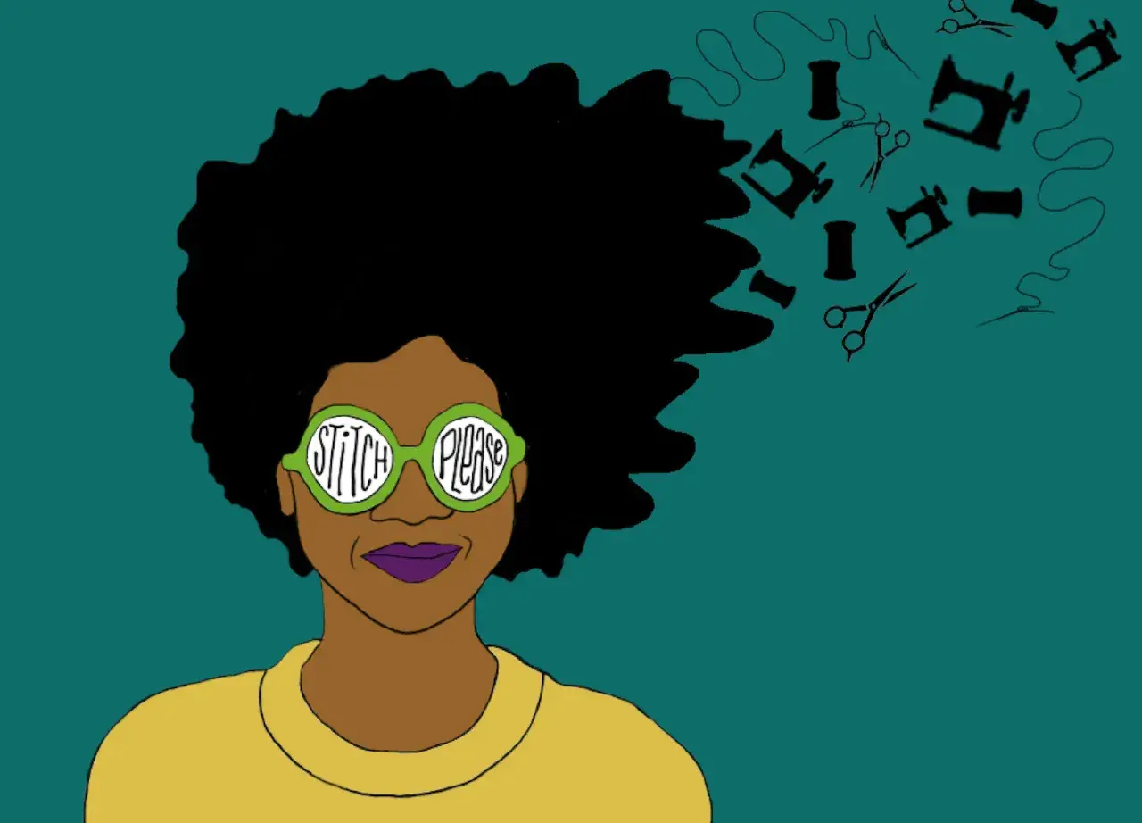 A woman with large glasses that say "Stitch Please" has sewing notions like sewing machines, spools, and scissors floating from her hair. Perfect for sewing podcasts!