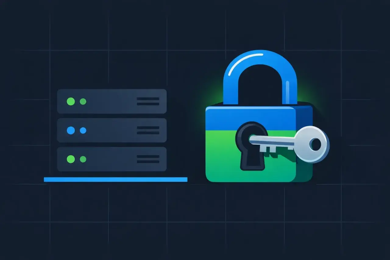 Verrou bleu et vert avec une clé, à côté de serveurs. Illustration pour générer une clé SSH sur Ubuntu.