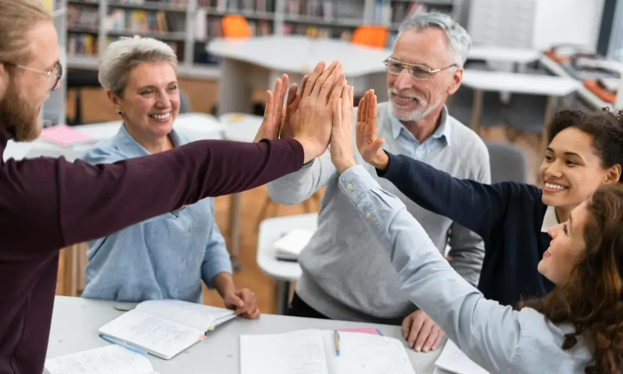 Lehrerteam gibt sich High-Five, um Burnout-Symptome zu bekämpfen. Freude und Zusammenhalt im Klassenzimmer.