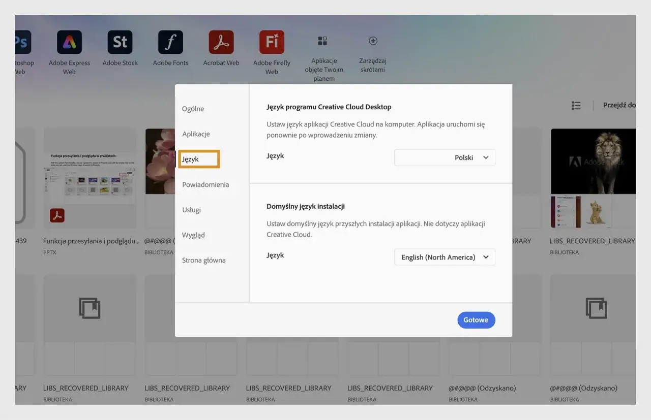 Ustaw język programu Creative Cloud Desktop na polski, aby zmienić język w Adobe Reader.