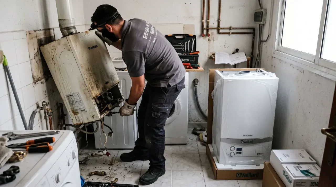 Técnico trabajando para cambiar caldera de gas. Retira una vieja y sucia caldera Junkers, mientras una nueva Vaillant espera en su caja.