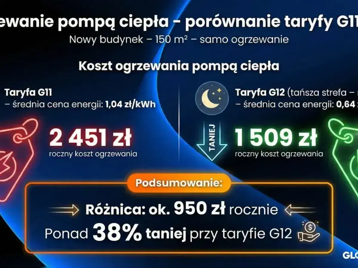 Porównanie kosztów ogrzewania pompą ciepła: taryfa G11 (2451 zł) vs taryfa G12 (1509 zł). Taryfa G12 jest o 38% tańsza.