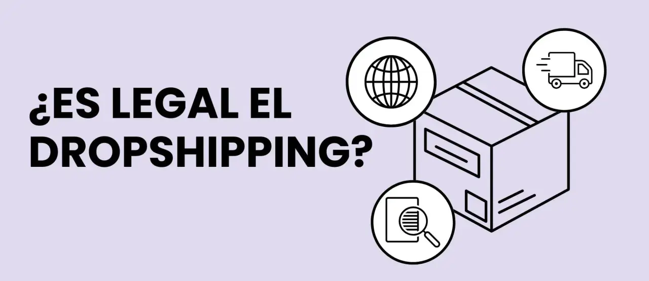 ¿Es legal el dropshipping? Iconos de globo terráqueo, lupa y camión rodean una caja, ilustrando el comercio electrónico global y la logística.