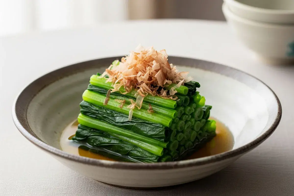 A neat stack of blanched spinach, known as spinach ohitashi, is served in a shallow bowl with a light broth and topped with delicate bonito flakes.