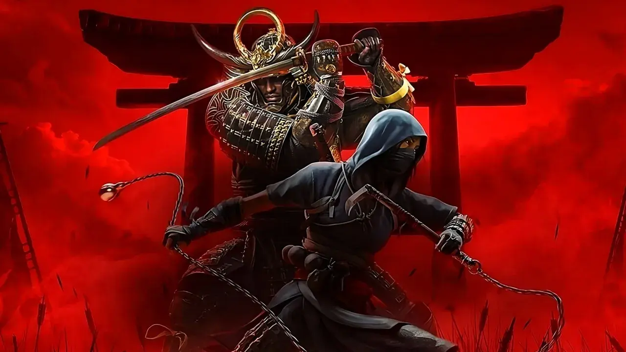 Samuraj i ninja w akcji, zapowiadający Assassin's Creed Shadows. Czerwone tło i torii tworzą mroczną atmosferę.
