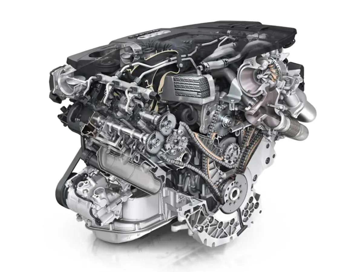Przekrój silnika Audi 3.0 TDI V6 z widocznym układem rozrządu, turbosprężarką i szczegółami kolejności cylindrów.