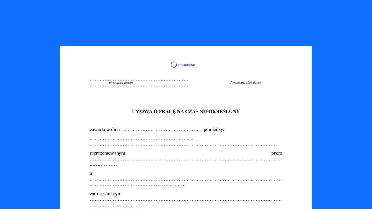 Formularz umowy o pracę na czas nieokreślony. Dokument zawiera pola na dane pracodawcy i pracownika, datę zawarcia umowy oraz inne istotne informacje dotyczące różnych rodzaje umów o pracę.