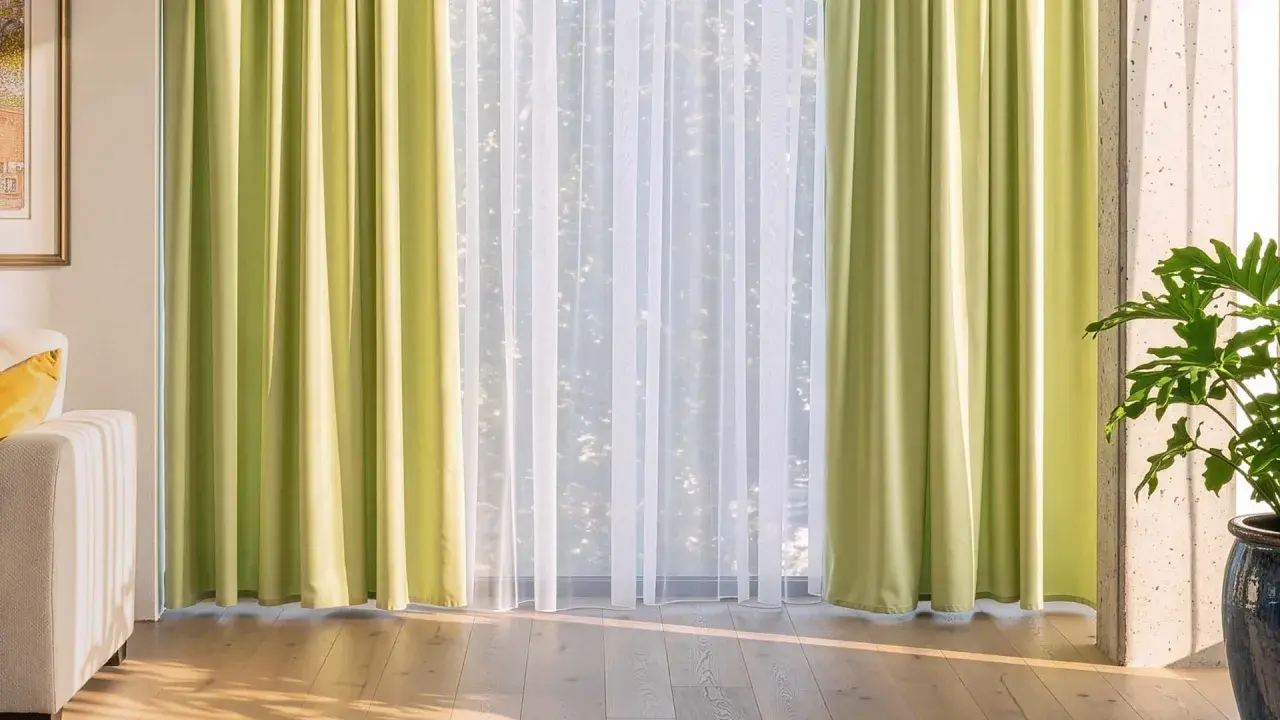 Helle, grüne Gardinen und zarte weiße Stores schaffen eine luftige Atmosphäre. Verschiedene Gardinen Arten für ein stilvolles Zuhause.