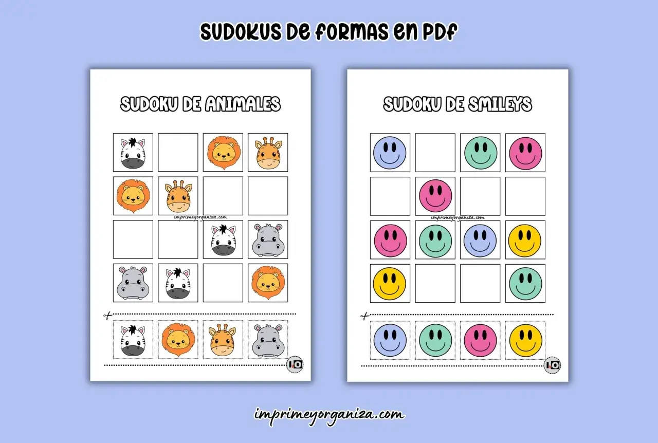Sudoku para niños para imprimir con animales y caritas sonrientes. ¡Un divertido juego de lógica para descargar!