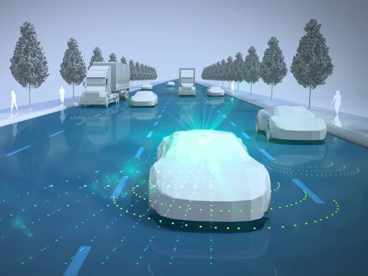 Vehículos autónomos y camiones en una carretera futurista, conectados por **sistemas de ayuda a la conducción** y datos digitales.