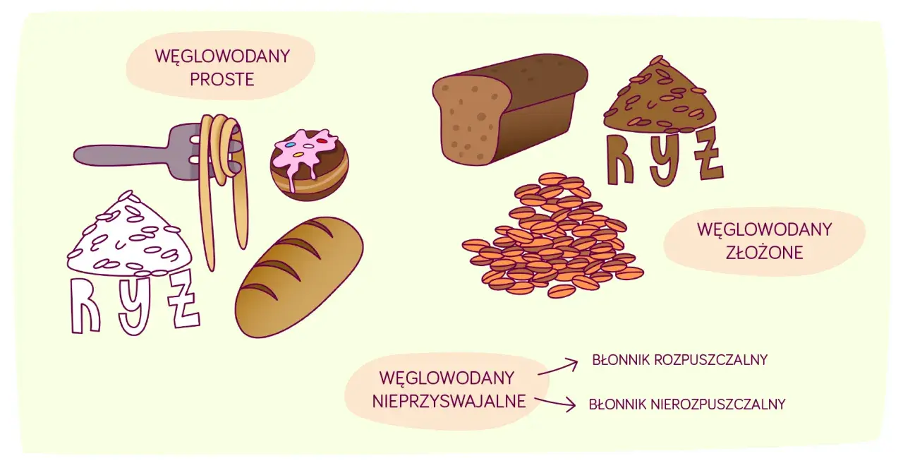 Węglowodany proste (makaron, ciastko) i złożone (chleb, ryż). Węglowodany nieprzyswajalne to błonnik rozpuszczalny i nierozpuszczalny.