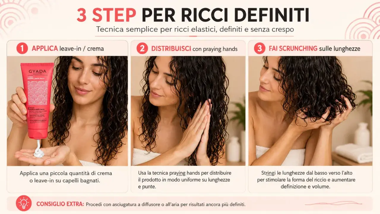 Donna mostra come definire i suoi **capelli ricci** con una crema leave-in, applicandola e poi facendo scrunching.