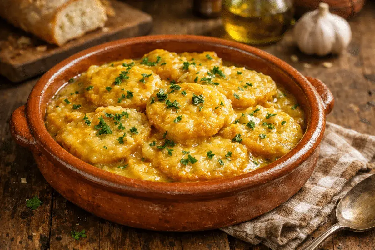 Patatas a la importancia, un plato reconfortante en cazuela de barro, adornado con perejil fresco.