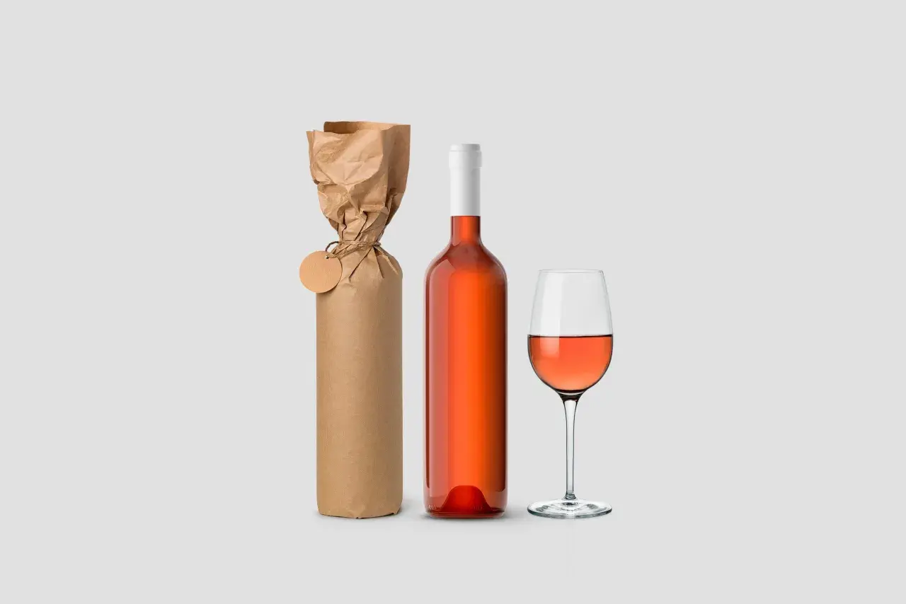 Eine Weinflasche verpacken: Eine Flasche Roséwein neben einer in braunes Papier eingewickelten Flasche mit Anhänger und einem Weinglas.