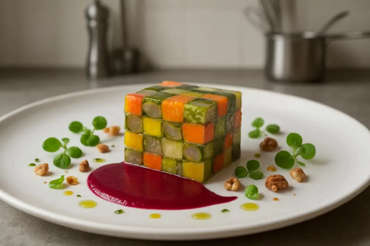 Un cube de légumes colorés, comme une entrée froide artistique, est servi avec une sauce rouge vif et des garnitures vertes.