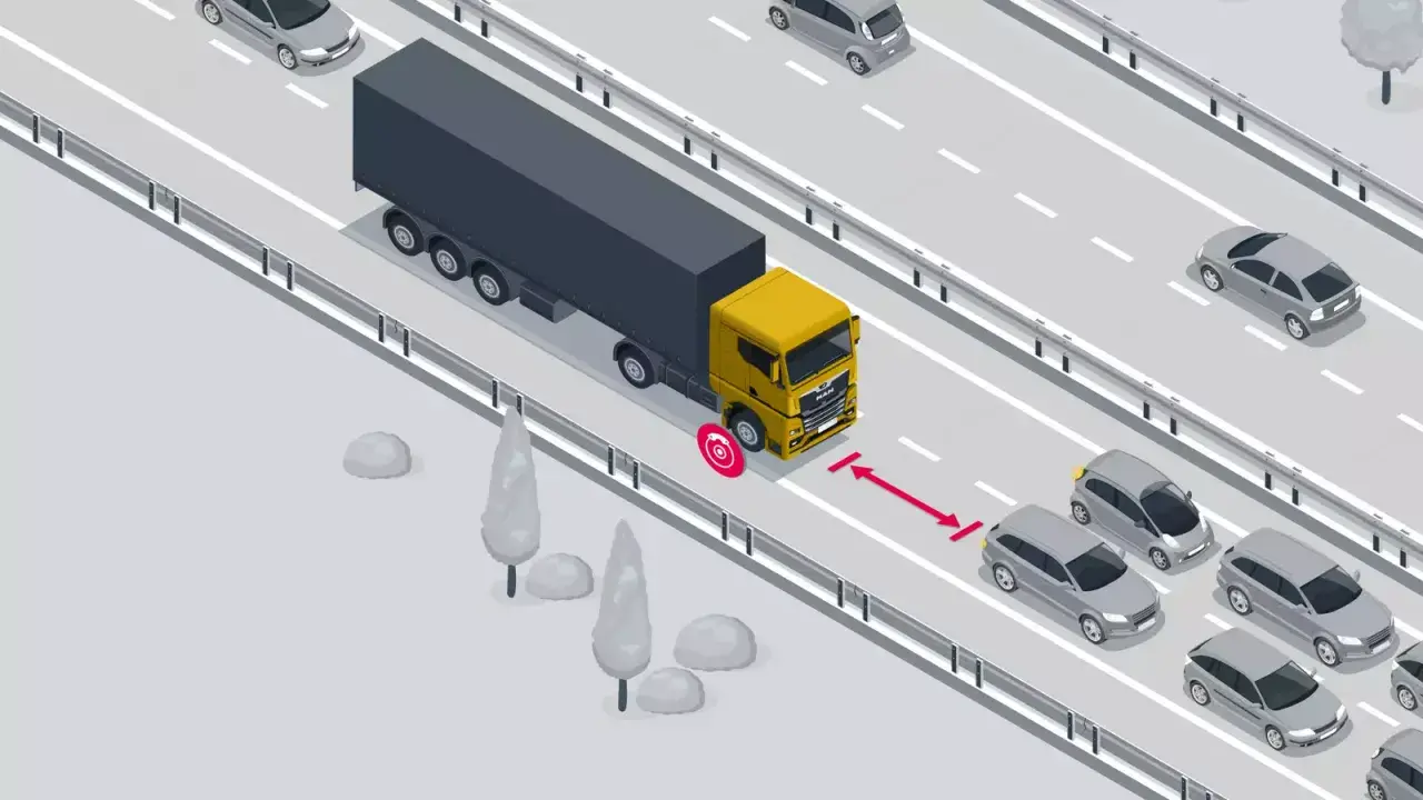 Ciężarówka z naczepą na autostradzie, z ikoną hamulca i oznaczoną odległością do poprzedzającego samochodu.