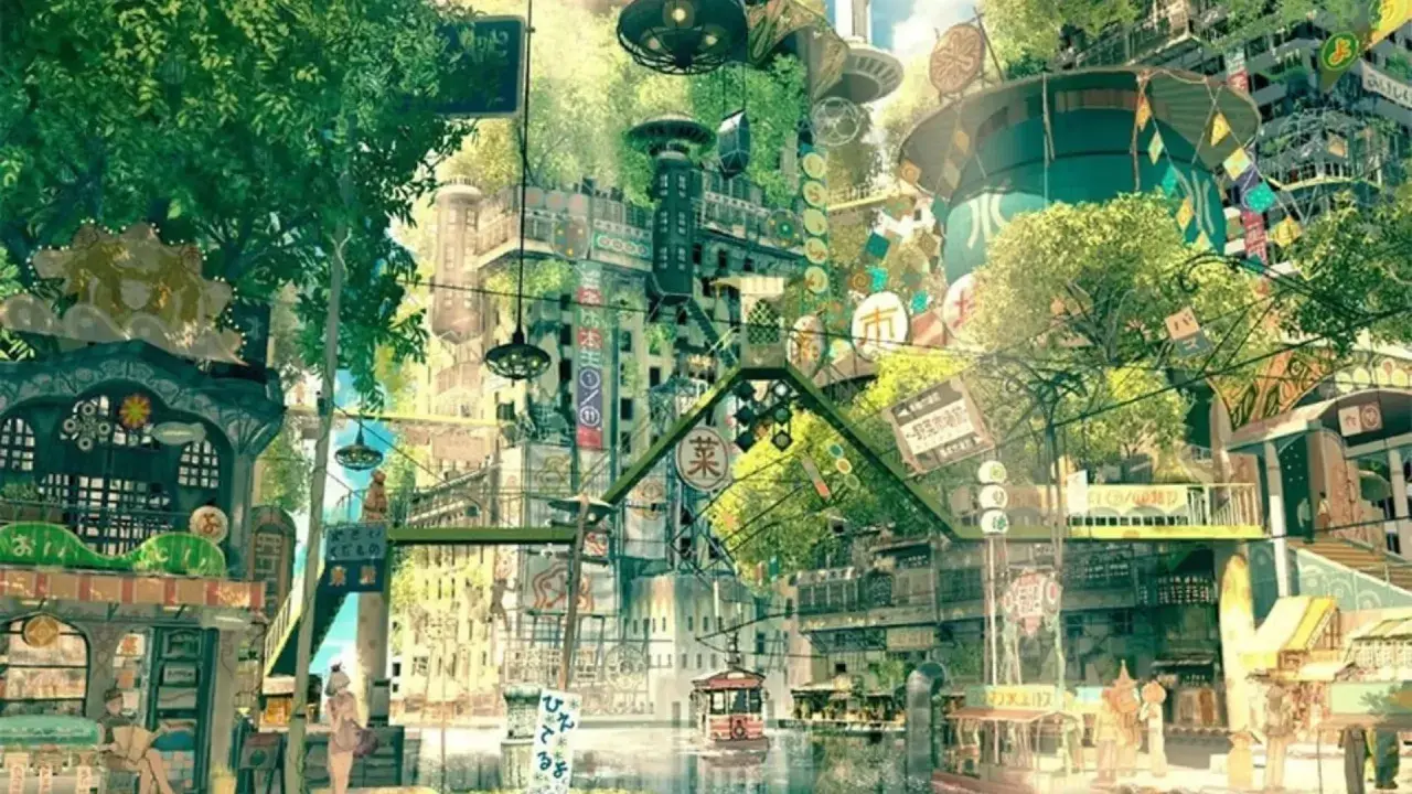 Zielona, bujna metropolia z elementami natury i technologii, odzwierciedlająca cechy charakterystyczne nurtu solarpunk w literaturze jutra.