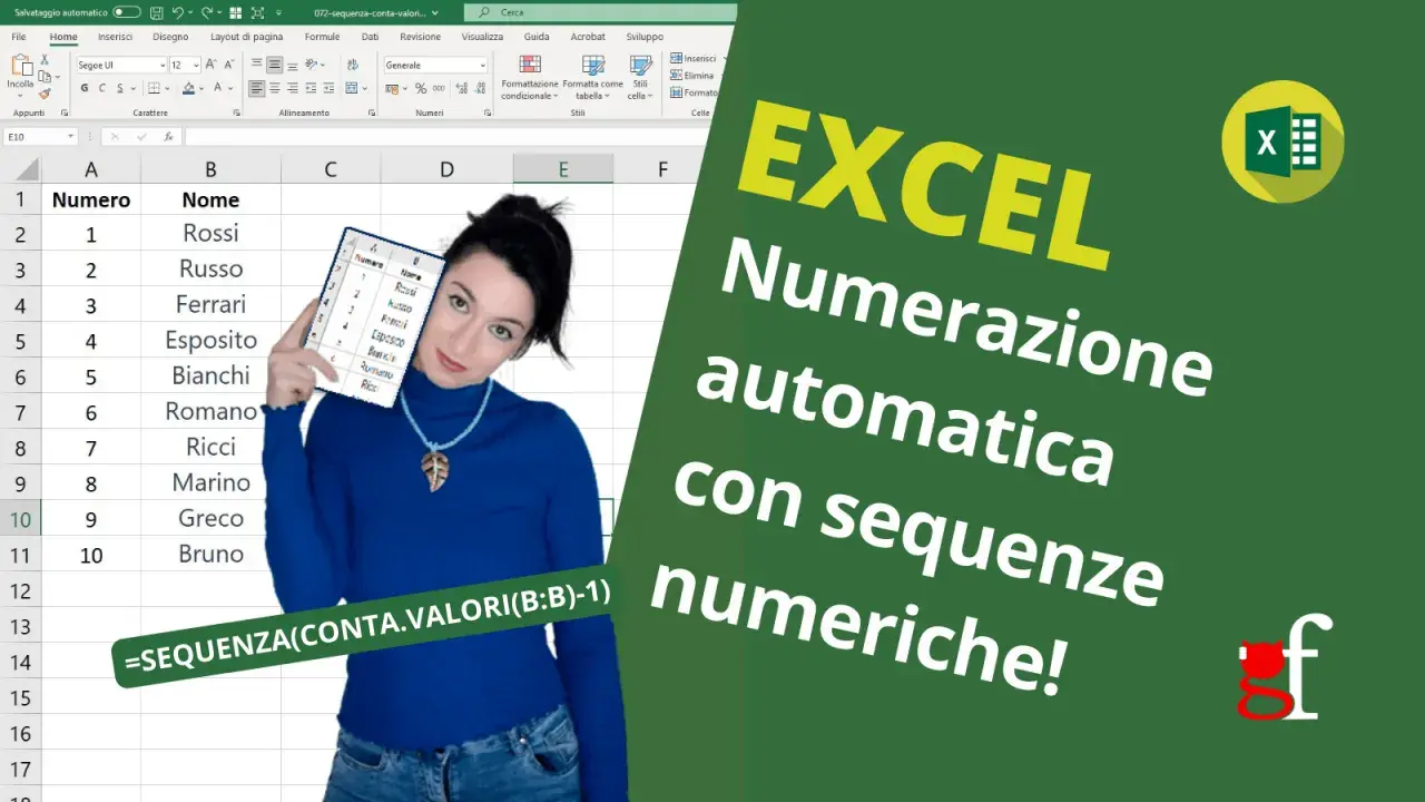 Una donna mostra un foglio di calcolo Excel con un elenco numerato e la formula per la numerazione automatica con sequenze numeriche.