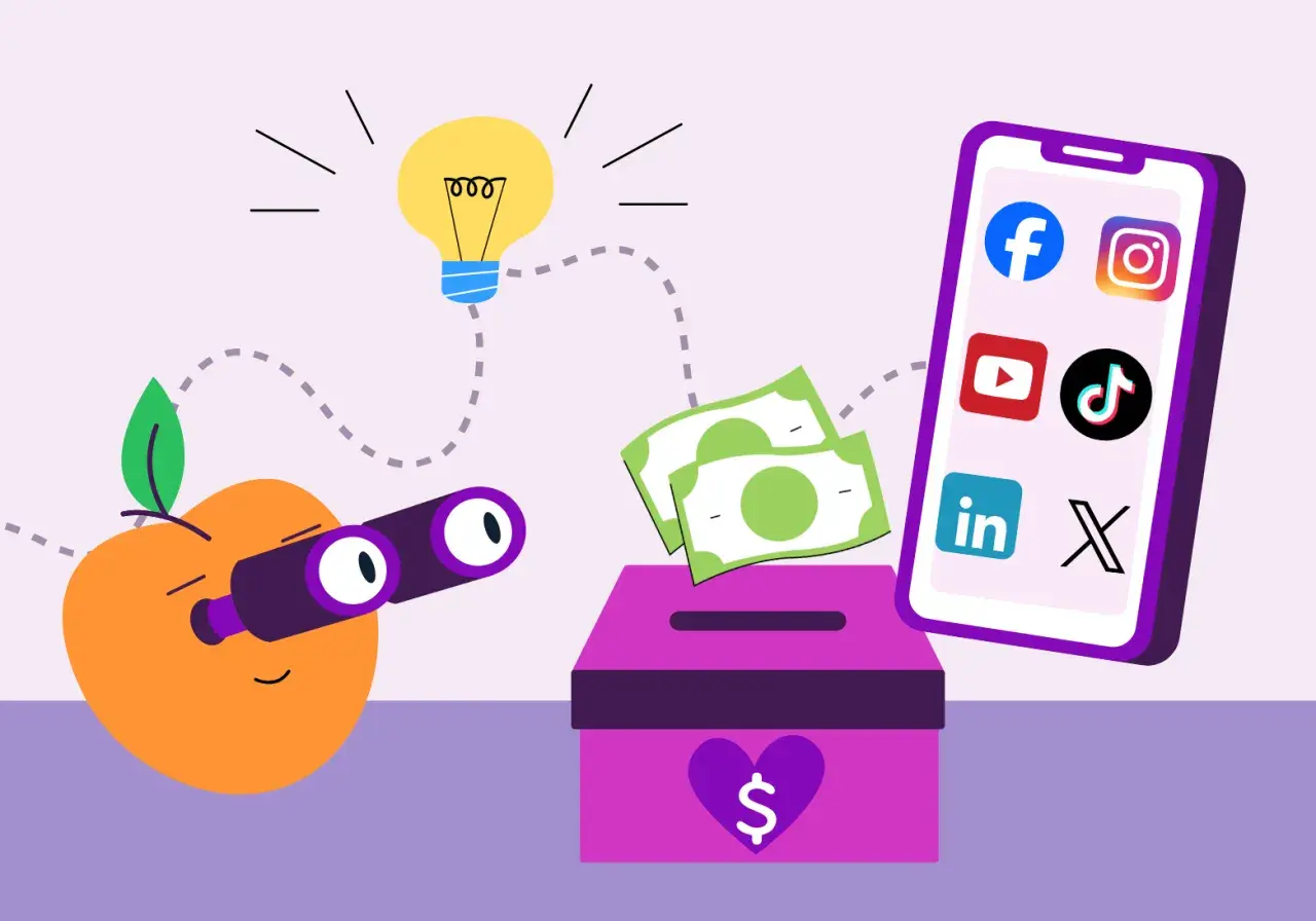 An apple with binoculars looks at a lightbulb, symbolizing ideas for social media fundraisers. Money flows into a donation box from a phone displaying social media icons.